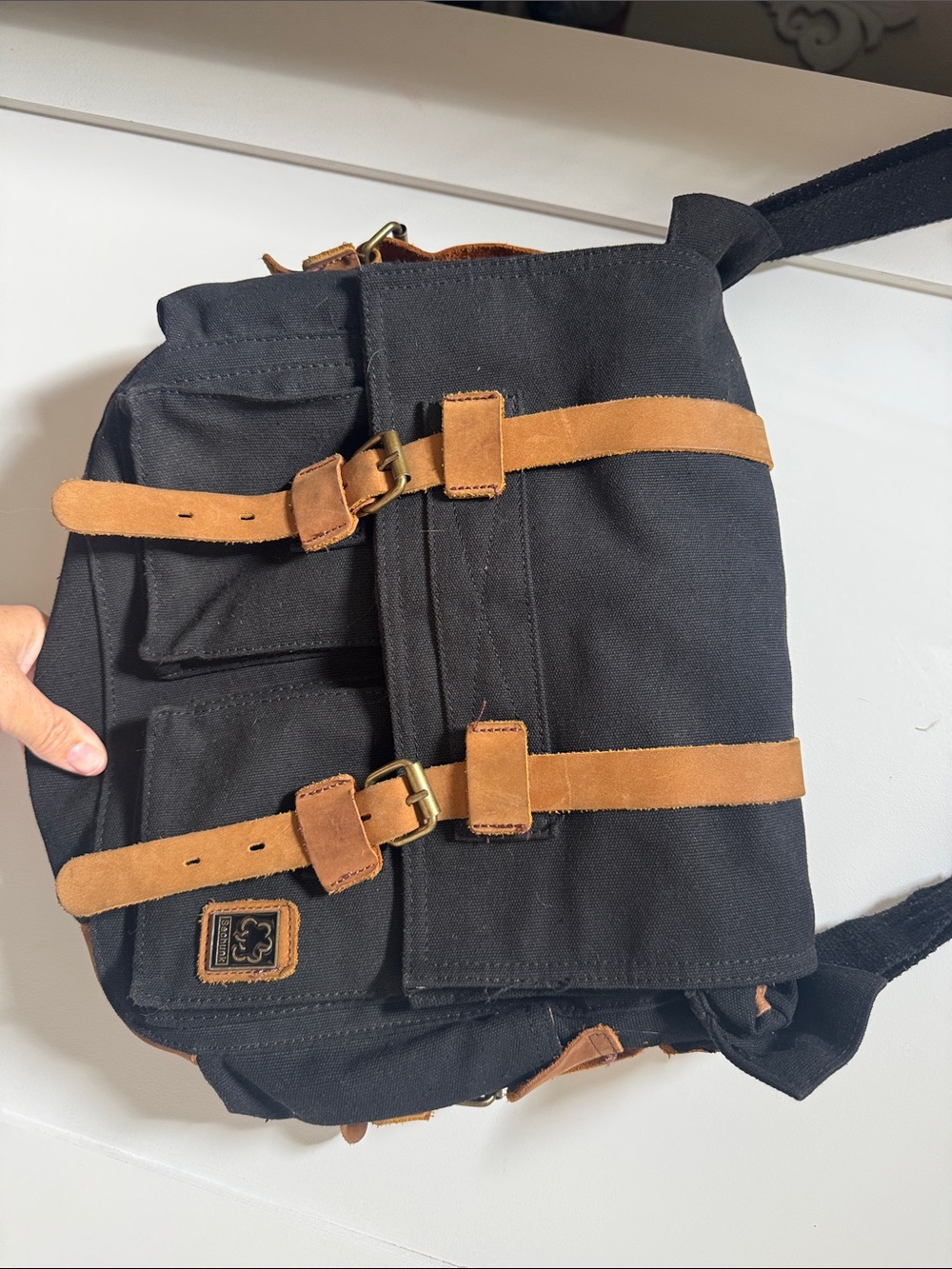 Sechunk Black Canvas cross body Messenger Bag with Tan Suede should Strap